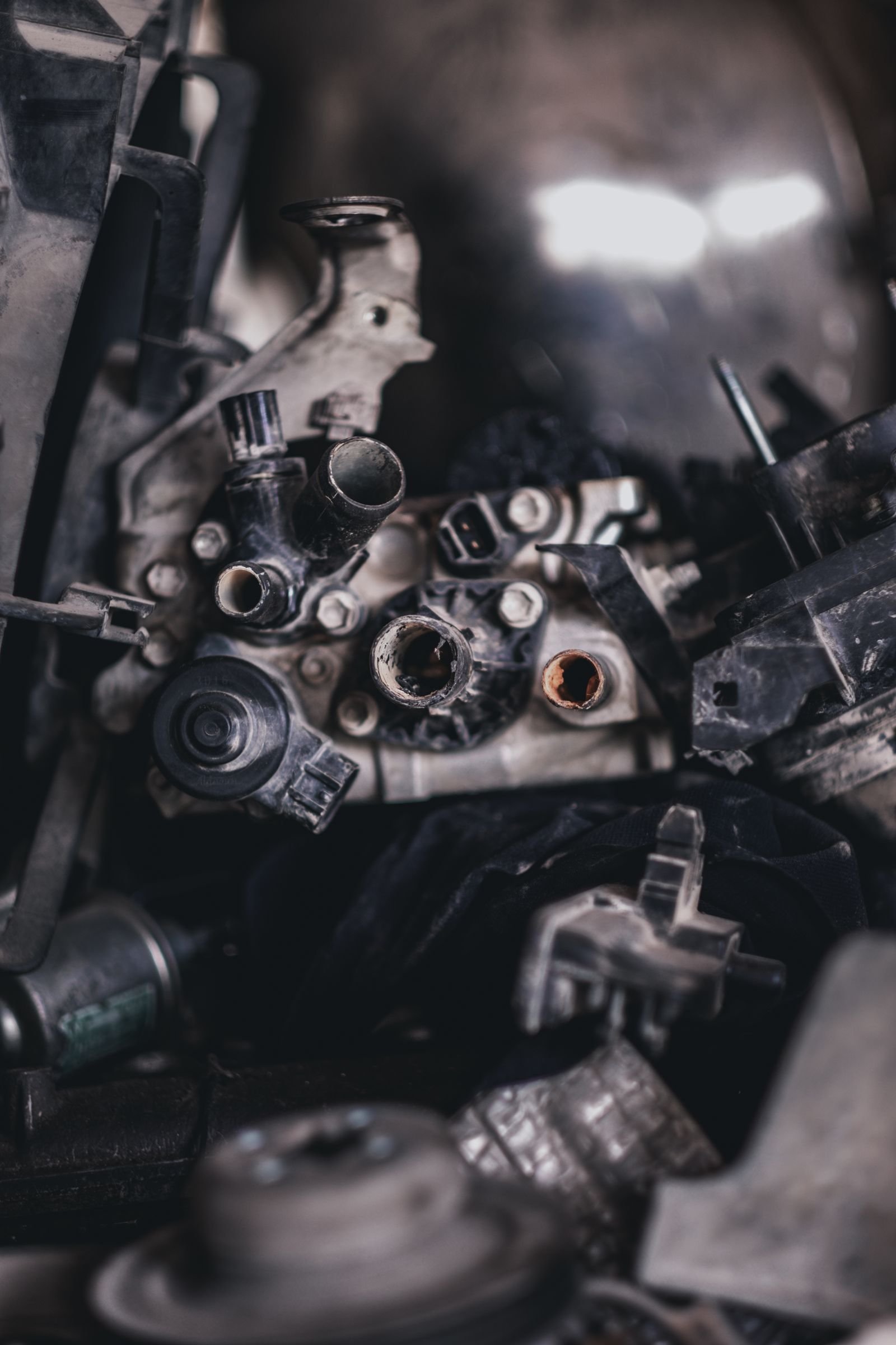 Machine components laid out in a workshop